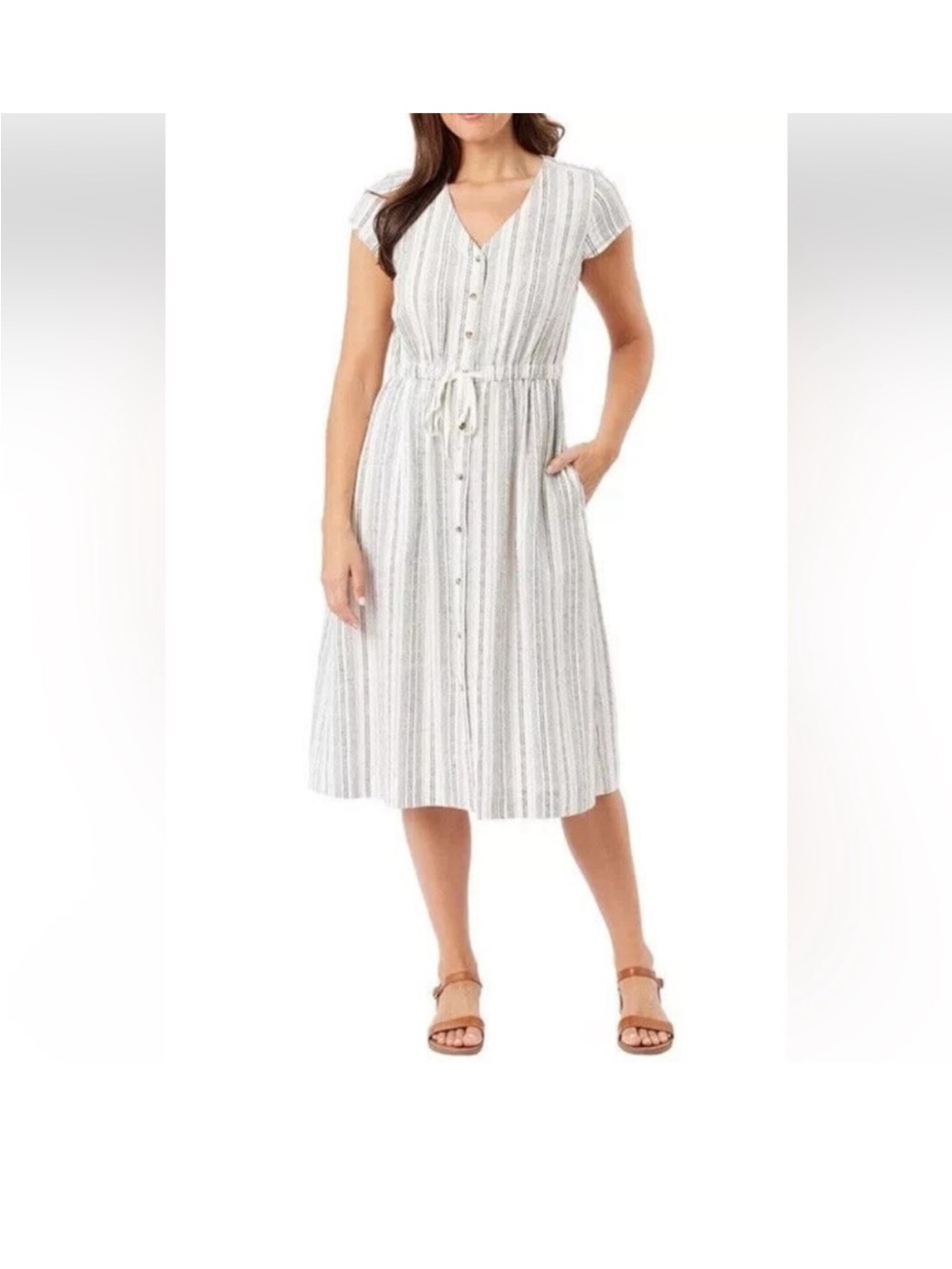 Briggs Linen blend Striped Button Up Cap Sleeve Midi Dress Size S